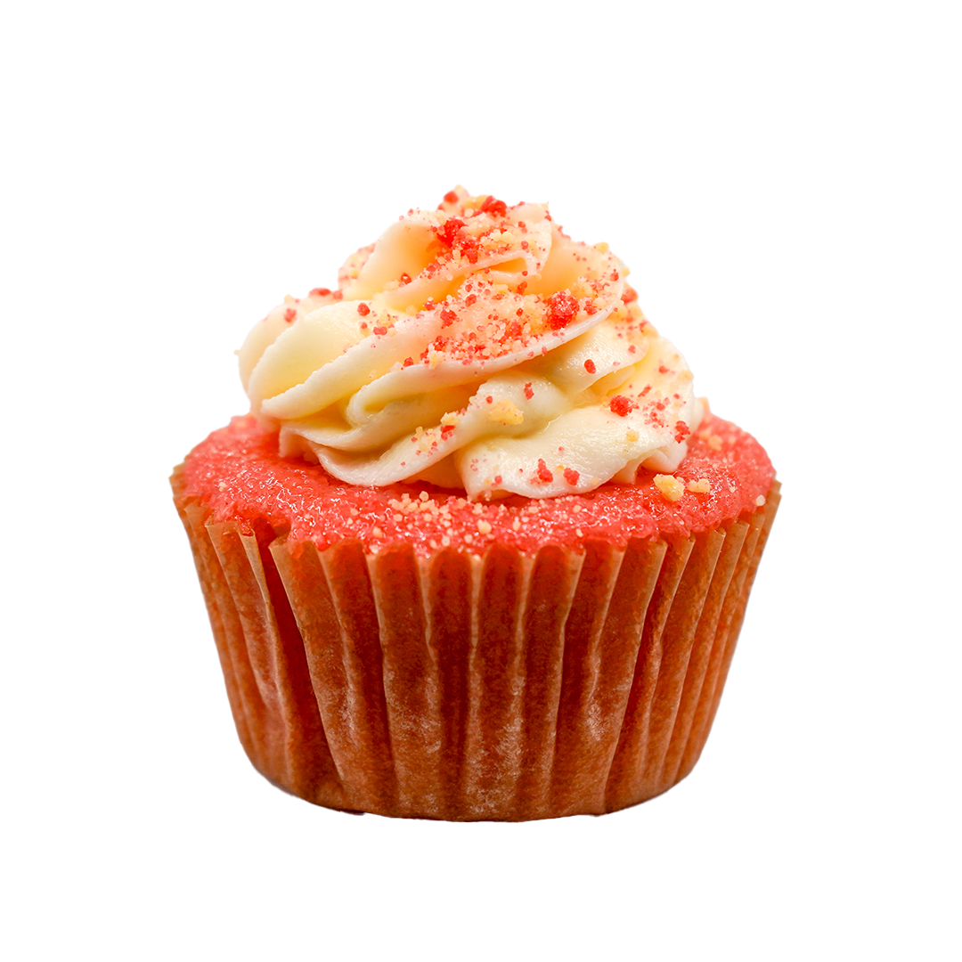 Strawberry Crunch cupcake with cream cheese frosting on a transparent background