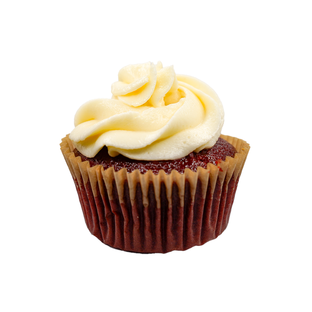 Red velvet cupcake with cream cheese frosting on a transparent background